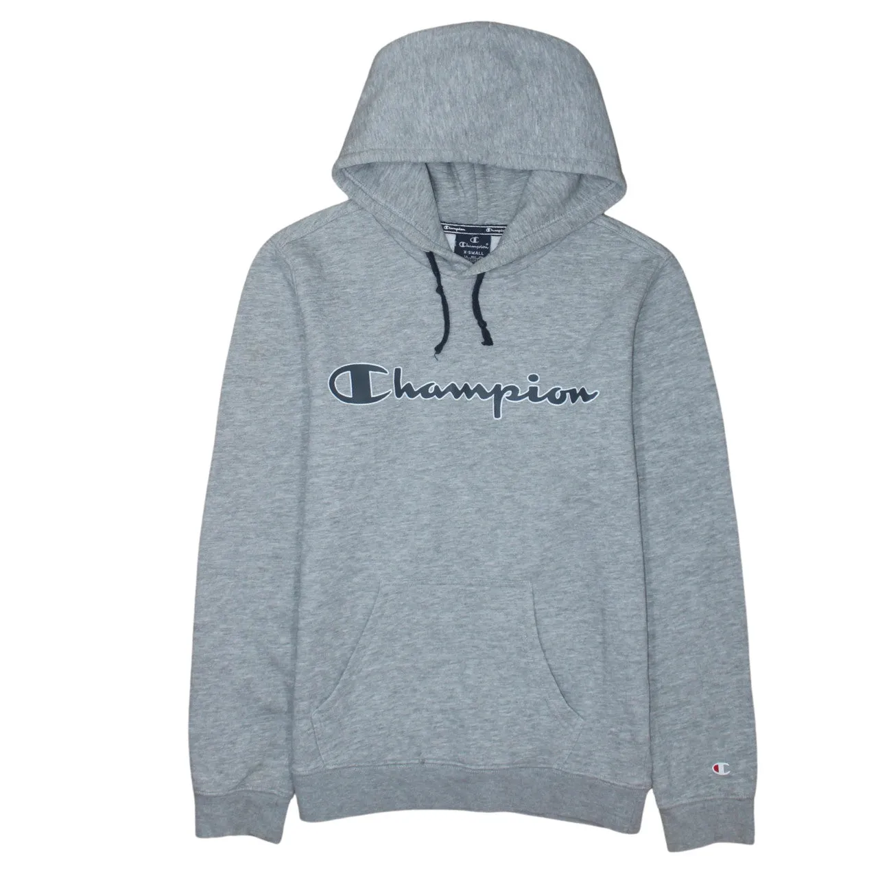 Champion Grey Hoodie Men's XSmall Printed Script Logo Drawstring Hood Front Pocket Sweatshirt sold by Vintage Club