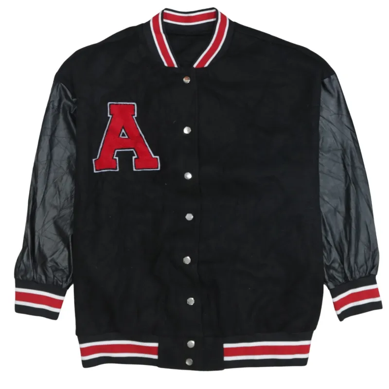 Shein Black Varsity Jacket Women’s 2XL Chenille A Patch Contrast Faux Leather Sleeves Bomber sold by Vintage Club