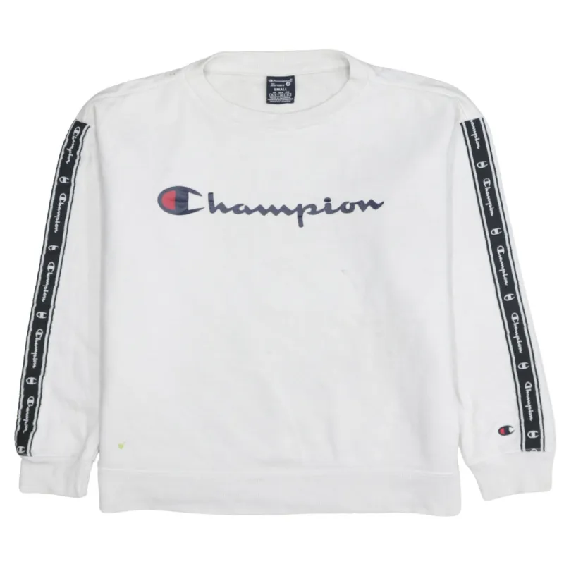 Champion White Sweatshirt Men's Small Printed Logo Tape Sleeve Crewneck Pullover Top sold by Vintage Club