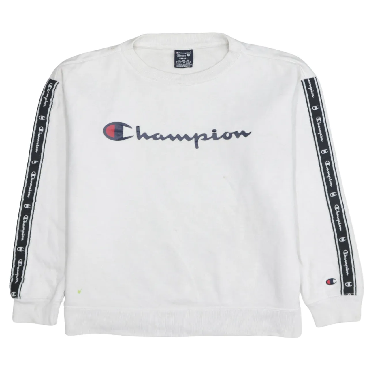 Champion White Sweatshirt Men's Small Printed Logo Tape Sleeve Crewneck Pullover Top sold by Vintage Club