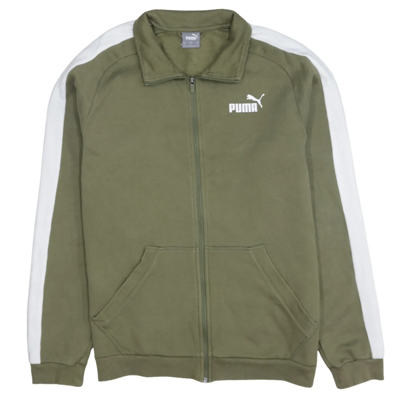Puma Khaki Green Track Jacket Men's Medium White Stripe Sleeves Printed Logo Zip Sweatshirt sold by Vintage Club