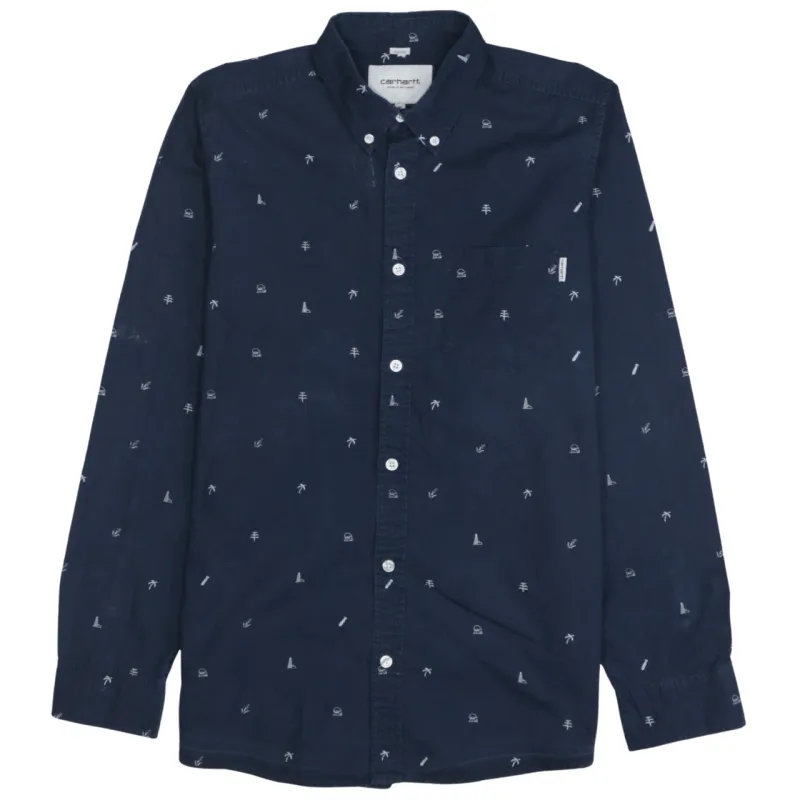 Carhartt Navy Blue Shirt Men's Medium All Over Print Button Up Long Sleeve Casual Top sold by Vintage Club