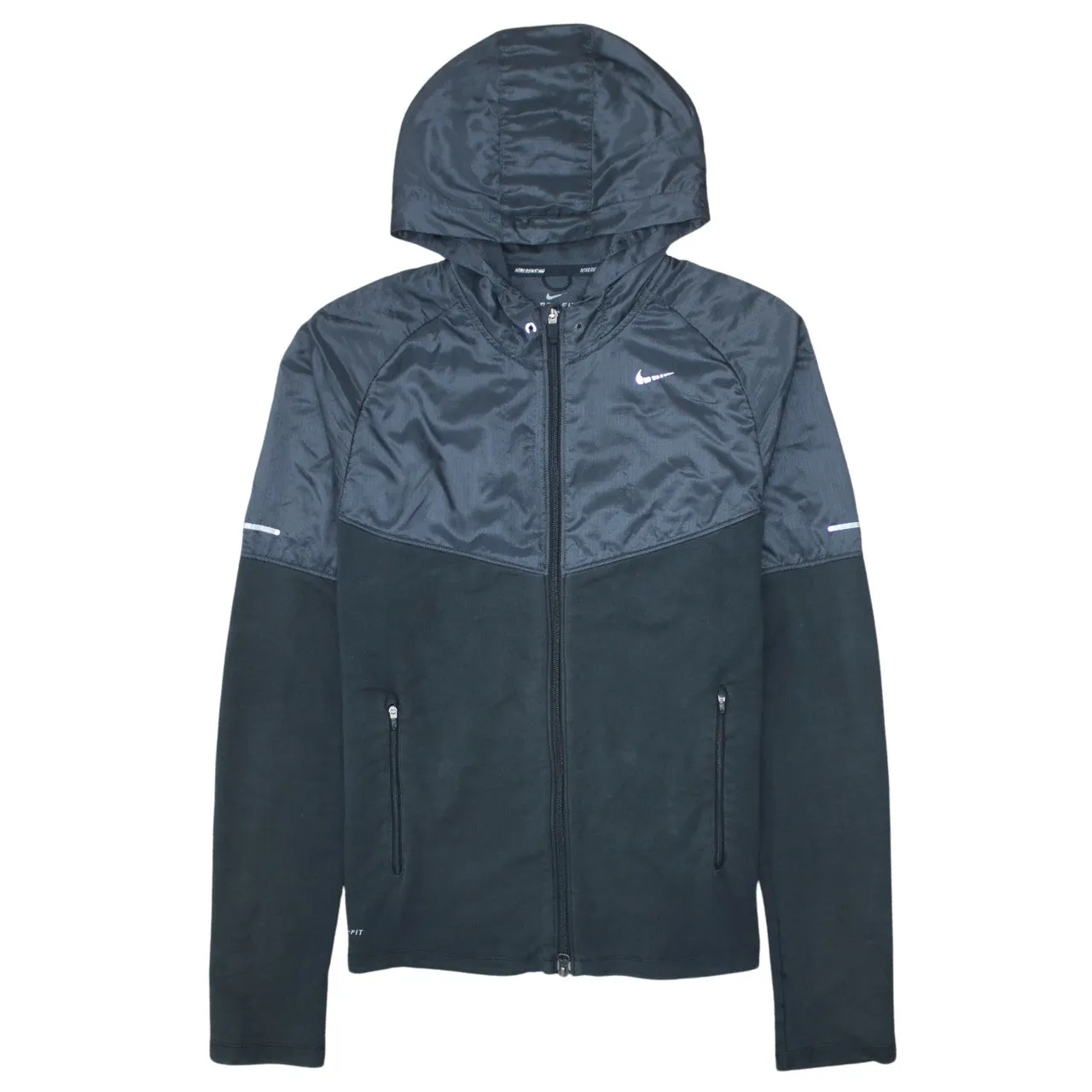 Nike Black Full Zip Hoodie Men's Medium Printed Swoosh Reflective Trim Zip Pockets Jacket sold by Vintage Club