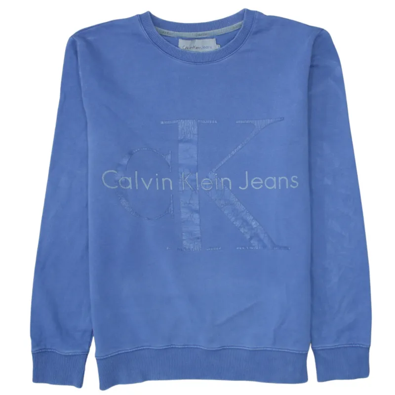 Calvin Klein Blue Sweatshirt Men's Large Embroidered CK Logo Ribbed Crewneck Pullover sold by Vintage Club