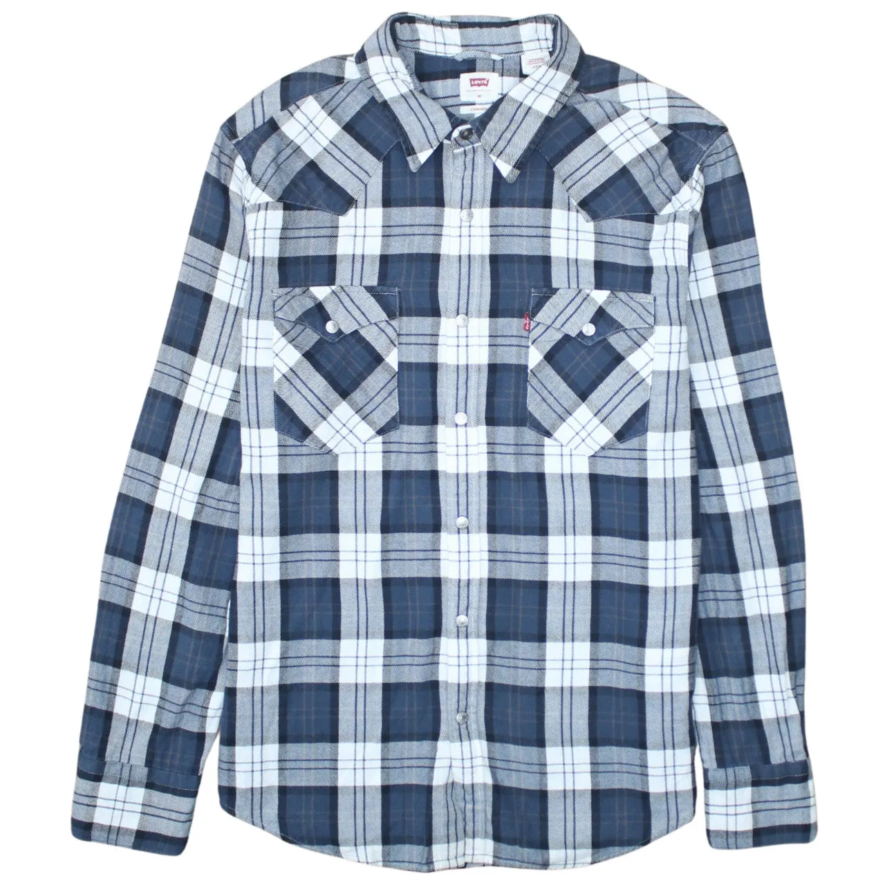 Levi's Blue Check Shirt Men's Medium Western Plaid Long Sleeve Snap Front Cotton sold by Vintage Club