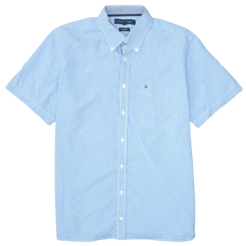 Tommy Hilfiger Light Blue Check Shirt Men's Medium Short Sleeve Button Down Embroidered Logo Casual Top made by Tommy Hilfiger
