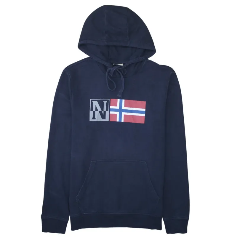 Napapijri Navy Blue Hoodie Men's Medium Printed Flag Logo Front Pocket Pullover Sweatshirt sold by Vintage Club