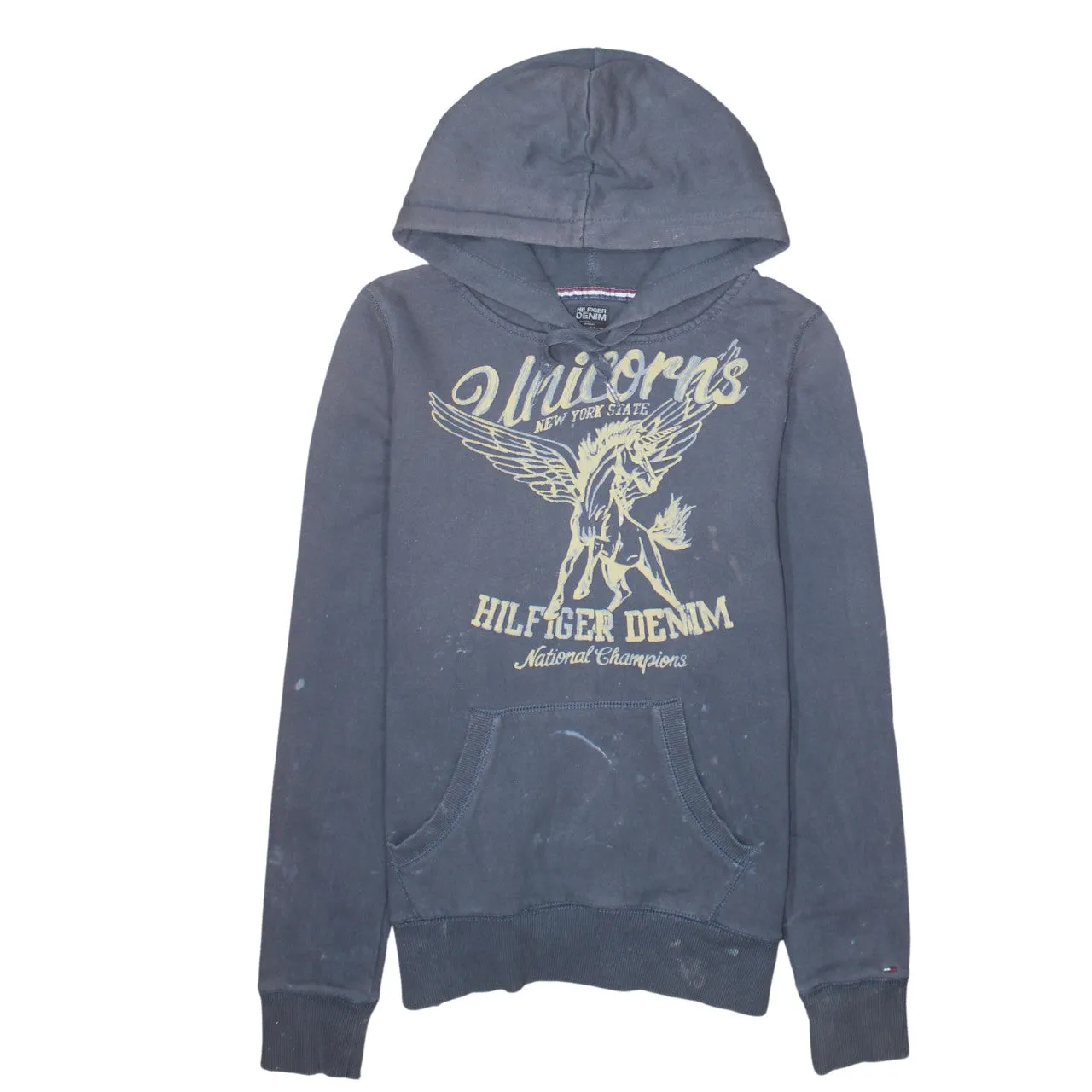 Tommy Hilfiger 90's Spellout Pullover Hoodie Large Blue sold by Vintage Club