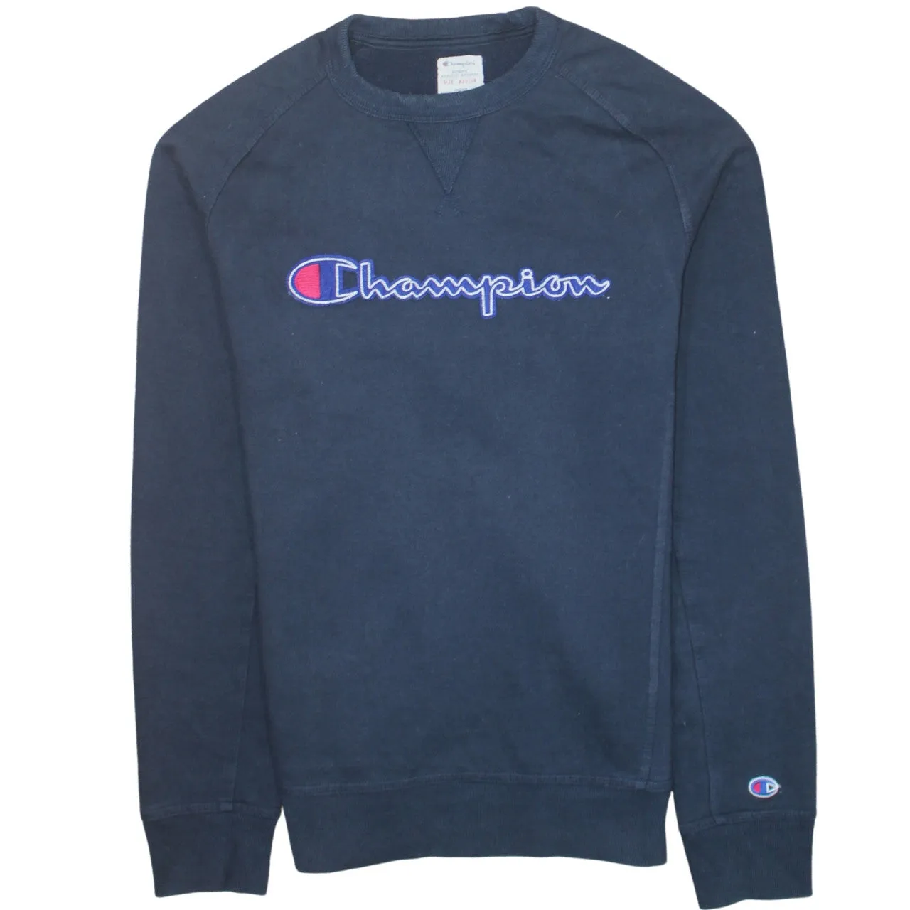 Champion 90's Spellout Crew Neck Sweatshirt Medium Navy Blue sold by Vintage Club