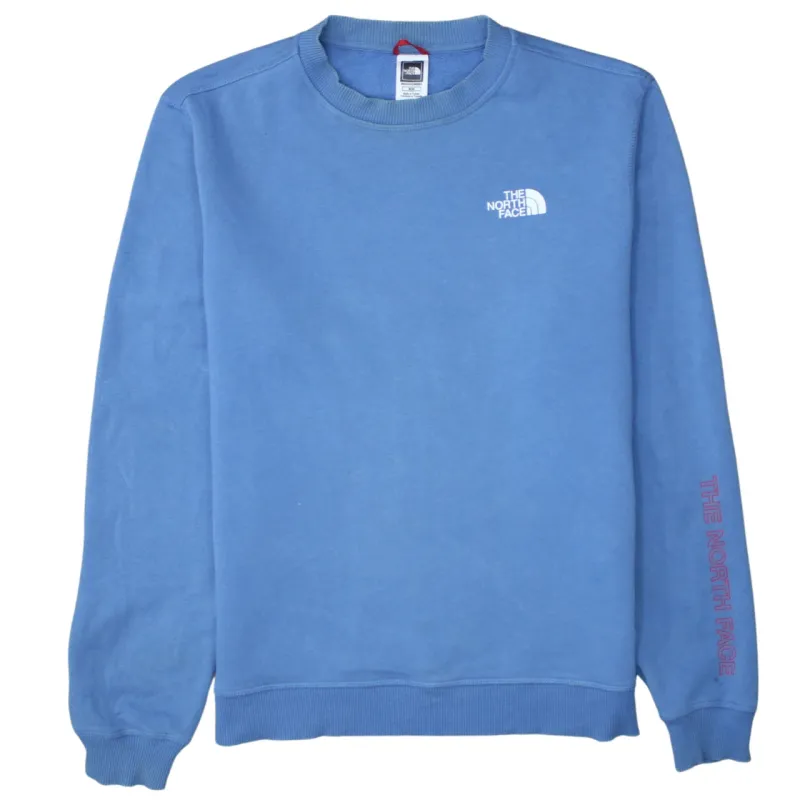 The North Face Blue Sweatshirt Men's Medium Embroidered Chest Logo Sleeve Text Crewneck Pullover made by The North Face
