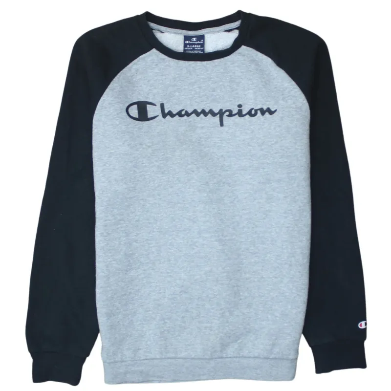 Champion Grey Black Sweatshirt Women's XLarge Printed Script Logo Raglan Sleeve Pullover Fleece Top sold by Vintage Club