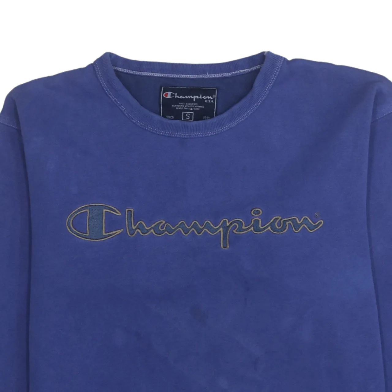 Champion Blue Sweatshirt Men's Small Embroidered Script Logo Crewneck Pullover Fleece Top sold by Vintage Club product image thumbnail 3