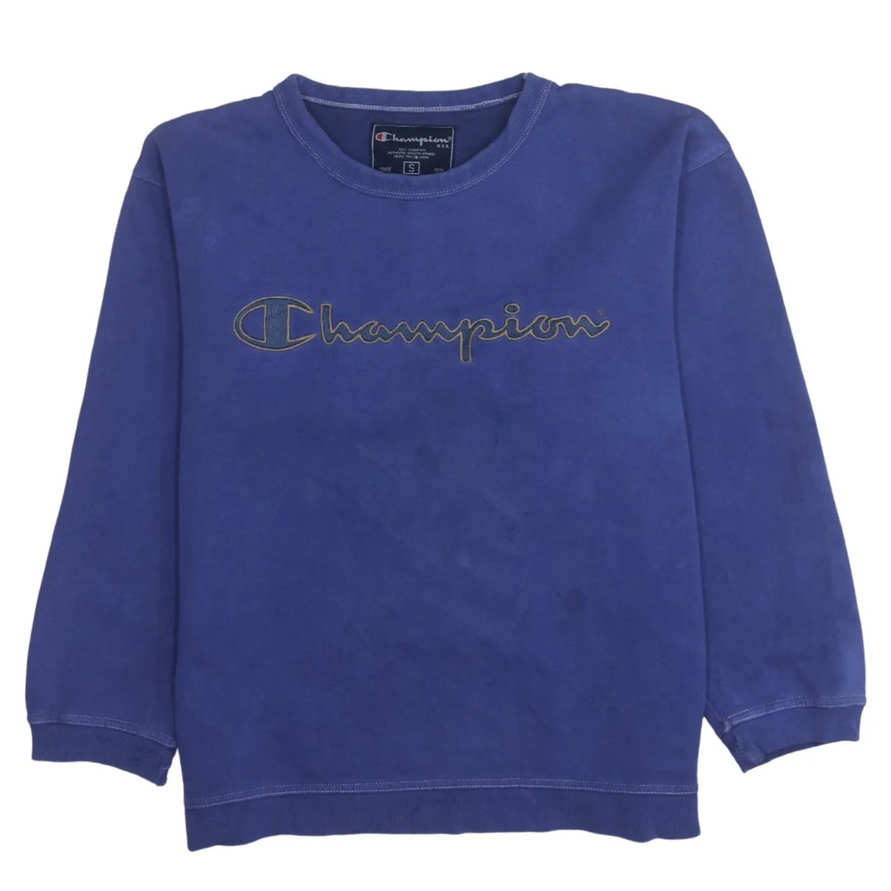 Champion Blue Sweatshirt Men's Small Embroidered Script Logo Crewneck Pullover Fleece Top sold by Vintage Club