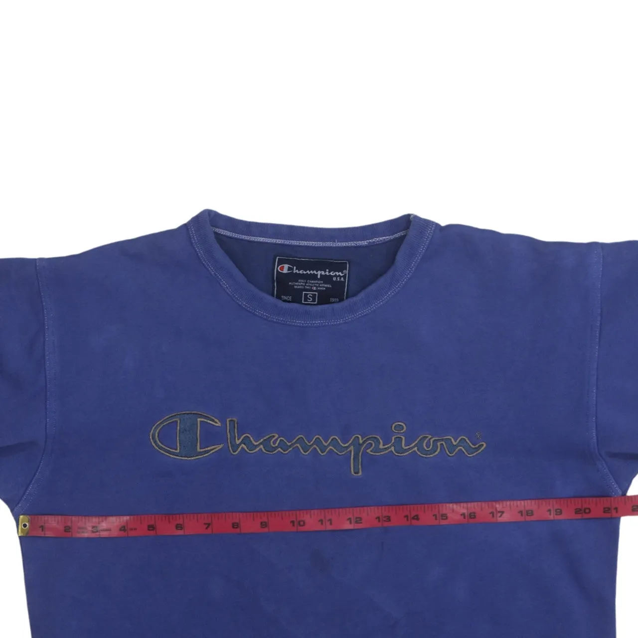 Champion Blue Sweatshirt Men's Small Embroidered Script Logo Crewneck Pullover Fleece Top sold by Vintage Club product image thumbnail 5