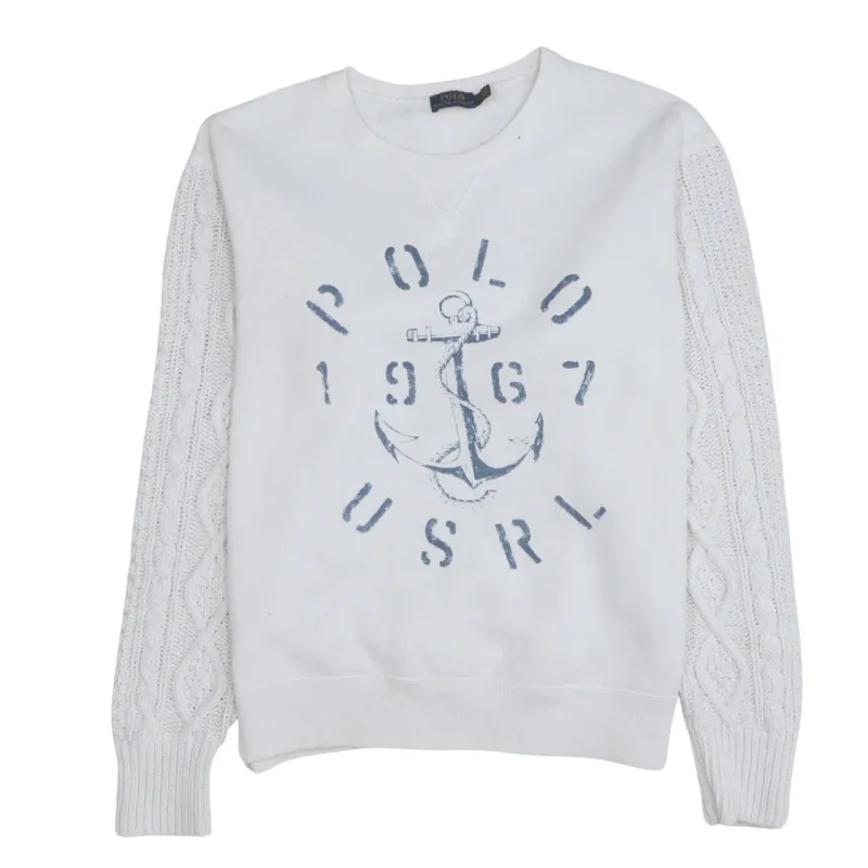 Polo Ralph Lauren White Sweatshirt Men's Small Anchor Print Cable Knit Sleeves Pullover Jumper made by Polo by Ralph Lauren
