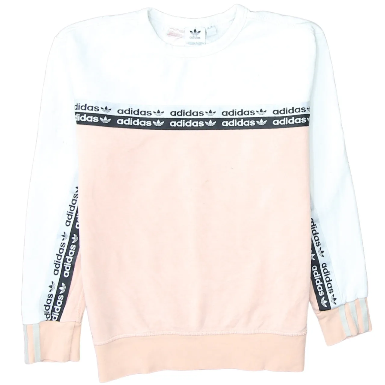 Adidas White Pink Sweatshirt Women’s Medium Logo Tape Sleeves Crewneck Pullover Top sold by Vintage Club