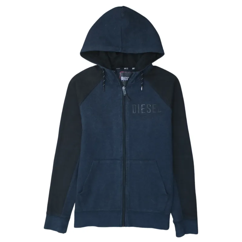 Diesel Navy Blue Zip Hoodie Men's Small Embossed Chest Logo Front Pockets Sweatshirt made by Diesel