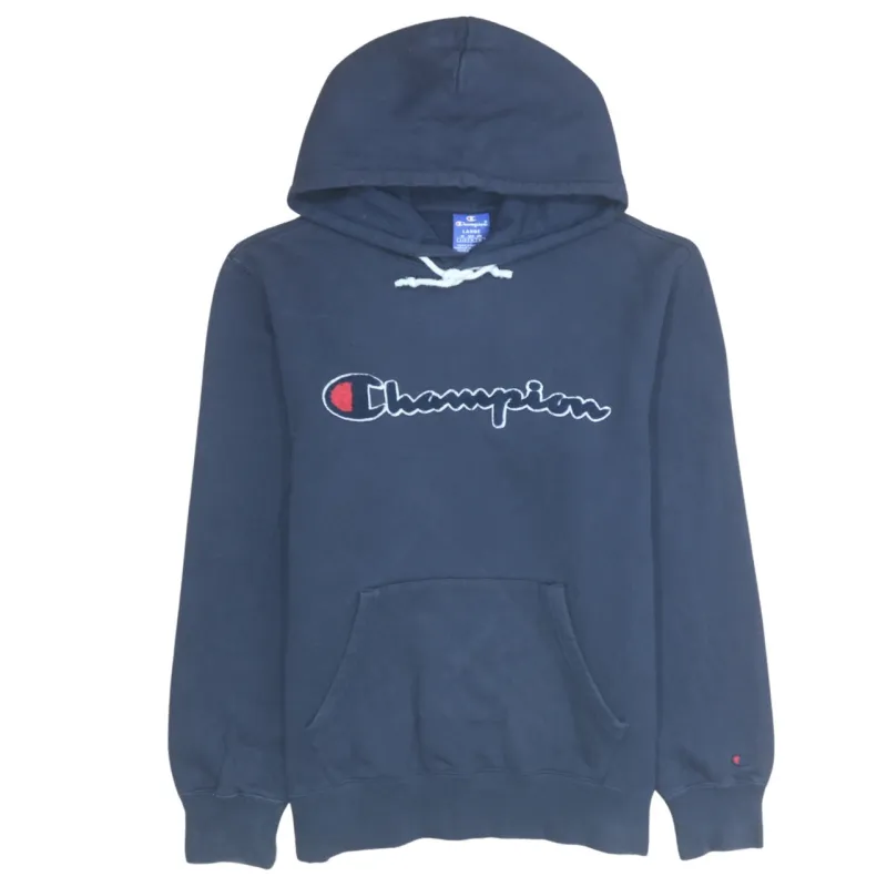 Champion 90's Spellout Pullover Hoodie Large Navy Blue sold by Vintage Club