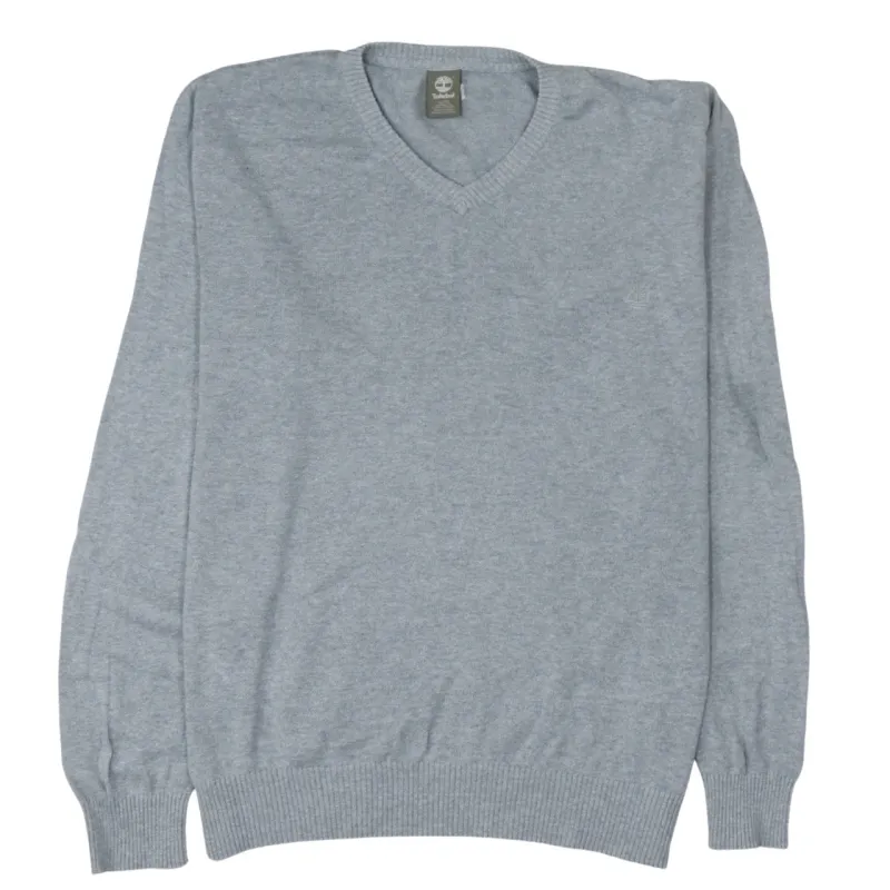 Timberland Light Grey V Neck Jumper Men’s XLarge Small Chest Logo Cotton Knit Sweater made by Timberland