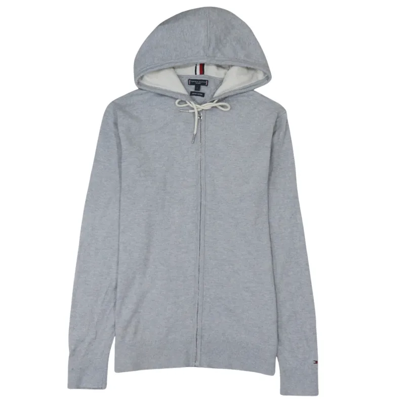 Tommy Hilfiger Grey Zip Hoodie Women’s Large Drawstring Hood Minimal Logo Casual Top made by Tommy Hilfiger