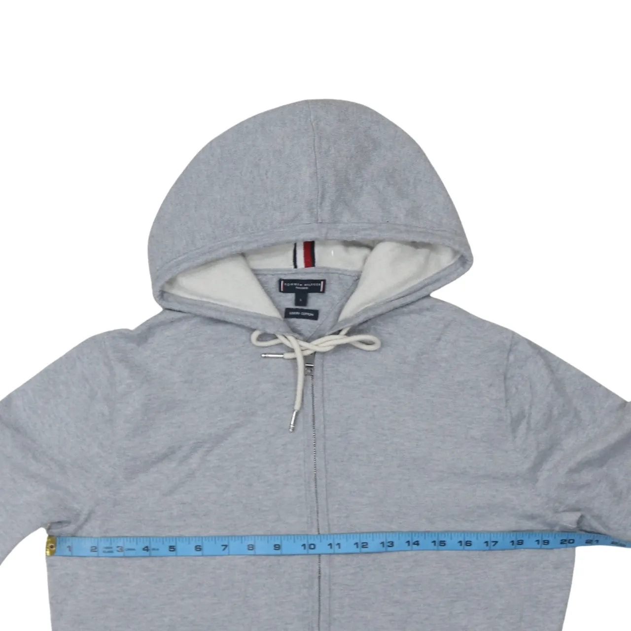 Tommy Hilfiger Grey Zip Hoodie Women’s Large Drawstring Hood Minimal Logo Casual Top sold by Vintage Club product image thumbnail 5