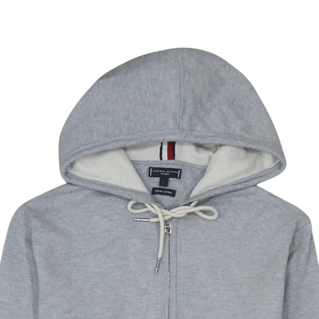 Tommy Hilfiger Grey Zip Hoodie Women’s Large Drawstring Hood Minimal Logo Casual Top sold by Vintage Club product image thumbnail 3