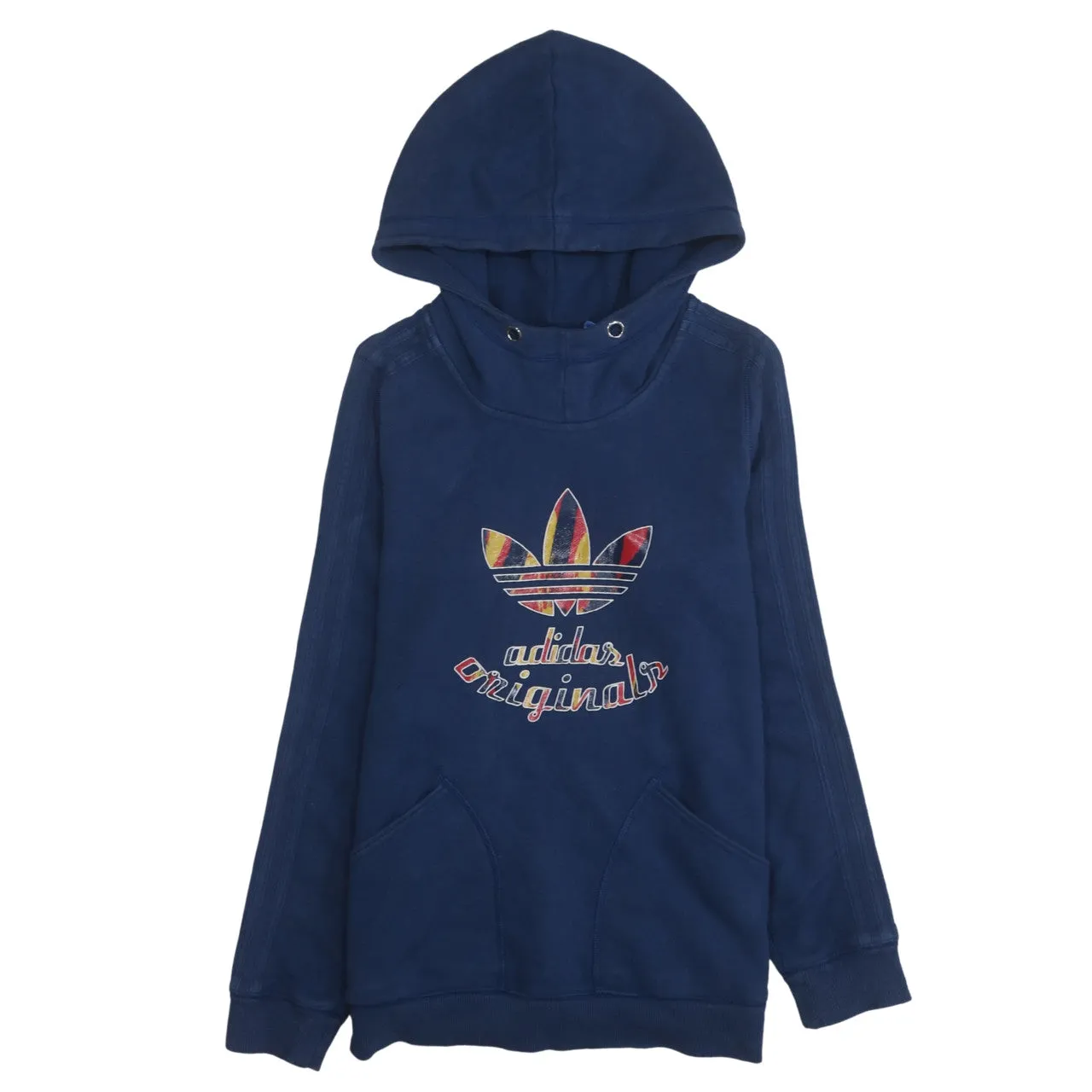 Adidas Navy Blue Hoodie Women’s Medium Printed Trefoil Logo Front Pouch Casual Sweatshirt sold by Vintage Club
