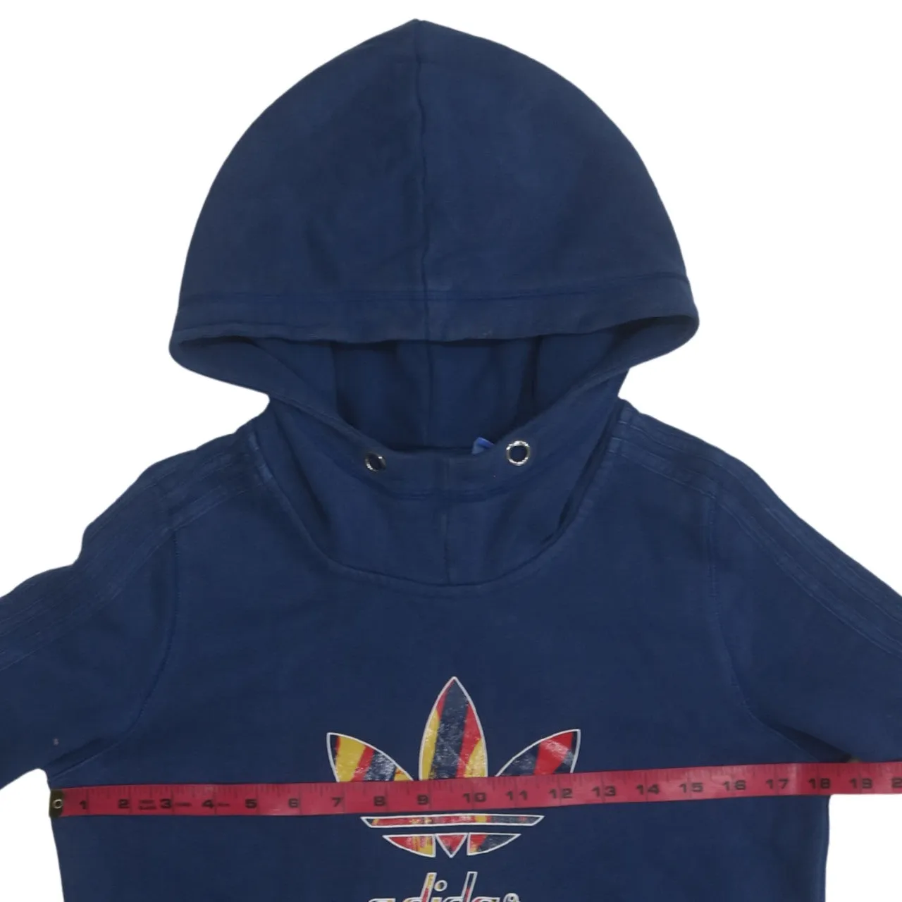 Adidas Navy Blue Hoodie Women’s Medium Printed Trefoil Logo Front Pouch Casual Sweatshirt sold by Vintage Club product image thumbnail 5
