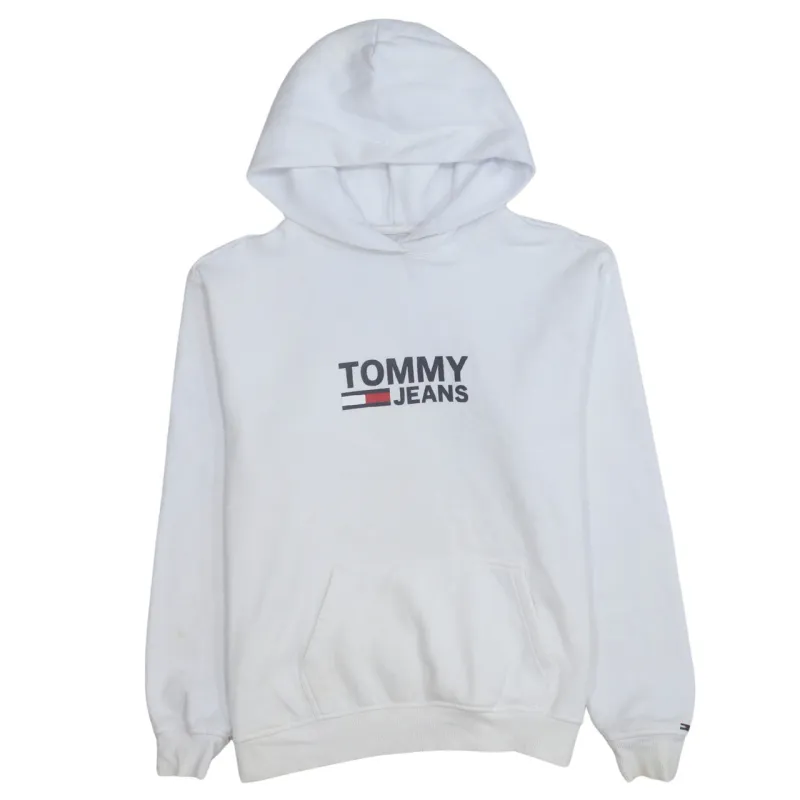 Tommy Hilfiger White Hoodie Men's Small Printed Tommy Jeans Logo Front Pocket Sweatshirt made by Tommy Hilfiger