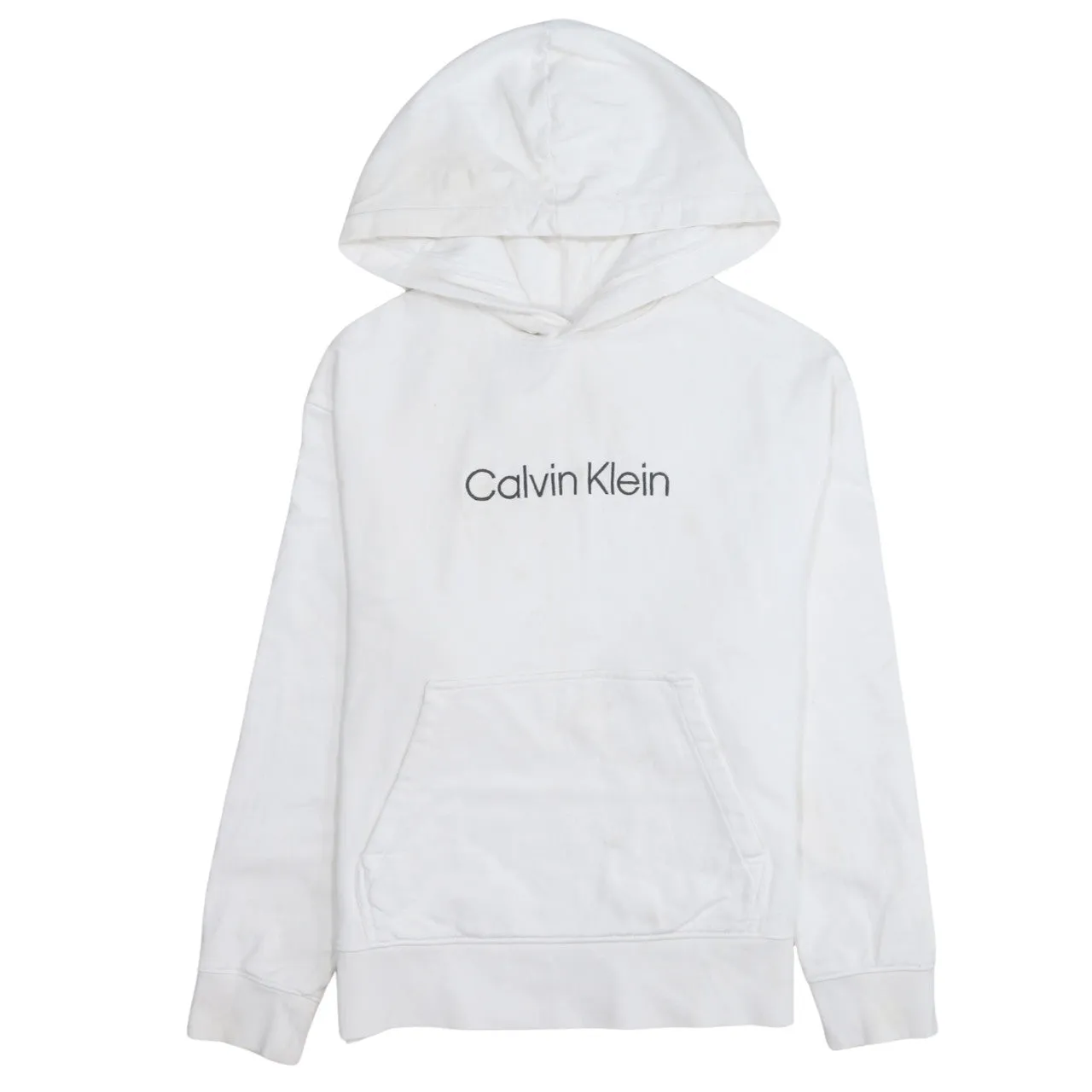 Calvin Klein 90's Spellout Pullover Hoodie Small White sold by Vintage Club