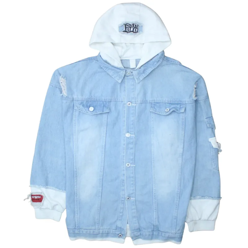 Retro 90's Plain Button Up Hoodie Large  Blue sold by Vintage Club