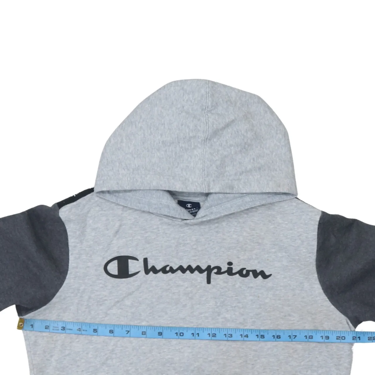 Champion Grey Colourblock Hoodie Women’s XLarge Printed Logo Front Pouch Pullover Top sold by Vintage Club product image thumbnail 5