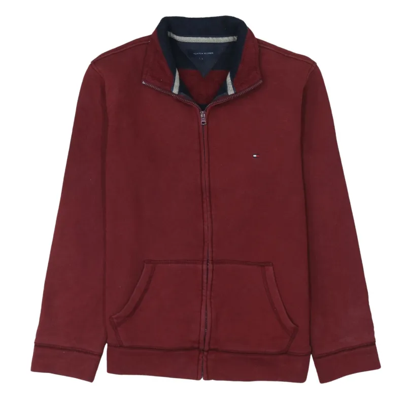 Tommy Hilfiger Burgundy Red Zip Sweatshirt Women's Large Embroidered Flag Logo Pockets Fleece Jacket made by Tommy Hilfiger