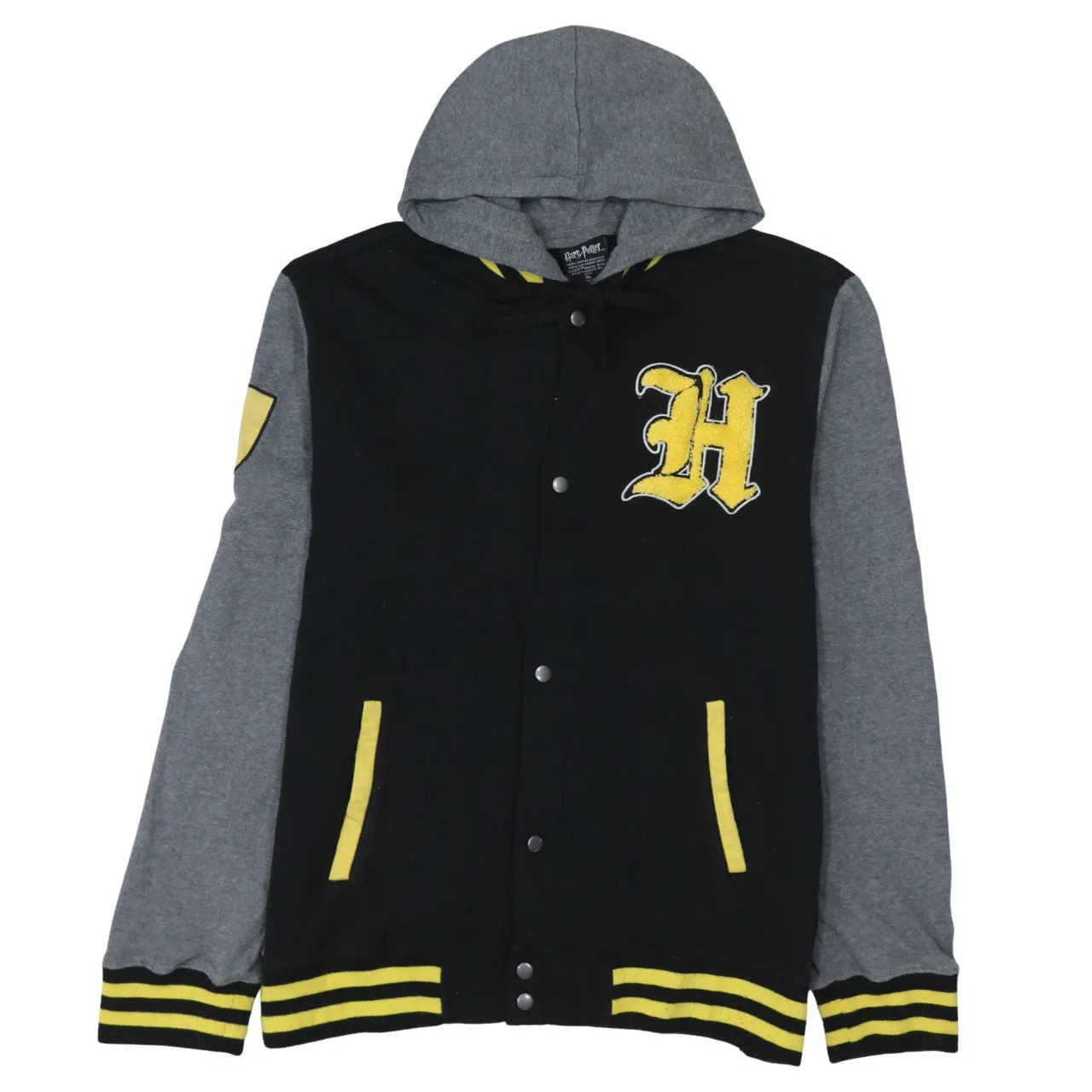Harry Potter Black Grey Hoodie Women’s XLarge Hufflepuff Badge Embroidered H Varsity Jacket sold by Vintage Club