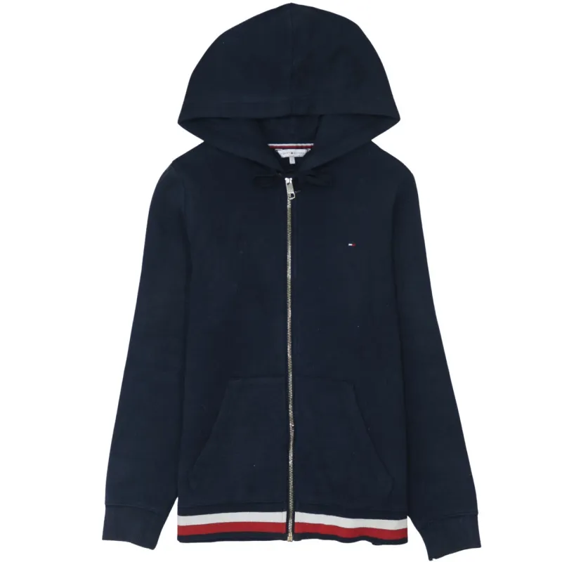 Tommy Hilfiger Navy Blue Zip Hoodie Women's Large Embroidered Chest Logo Stripe Hem Sweatshirt made by Tommy Hilfiger