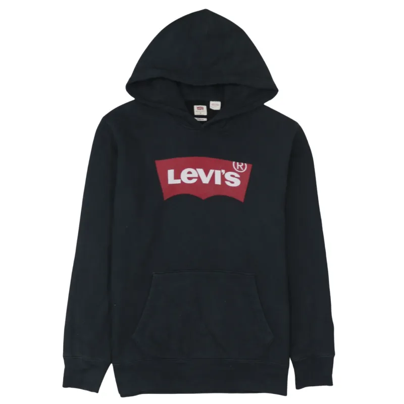 Levi's Black Hoodie Men's Medium Printed Logo Front Pouch Ribbed Cuffs Pullover Sweatshirt made by Levi's