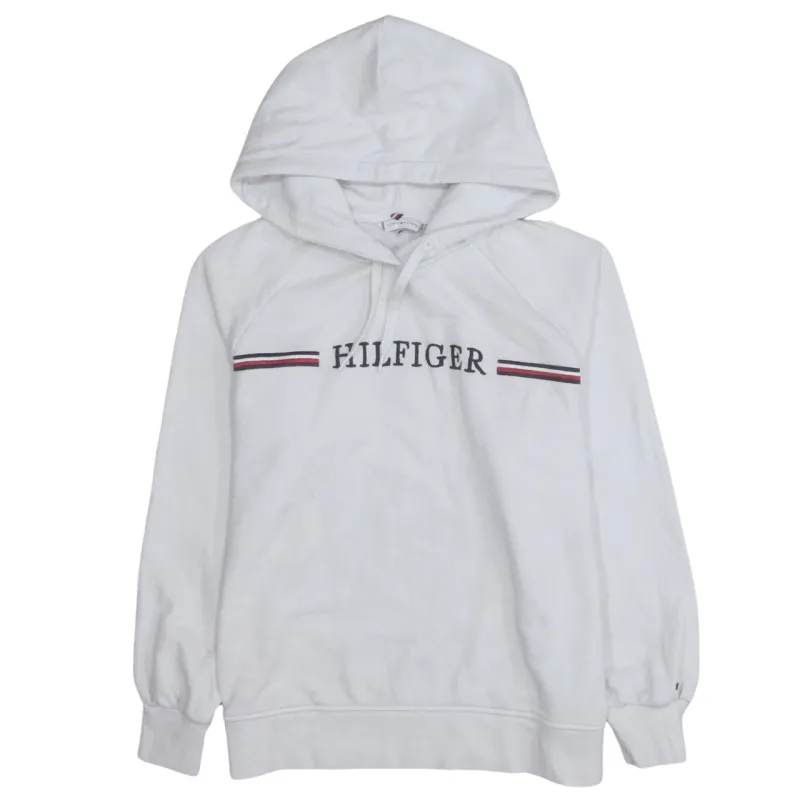 Tommy Hilfiger White Hoodie Men's Medium Embroidered Hilfiger Logo Raglan Sleeve Pullover Sweatshirt made by Tommy Hilfiger
