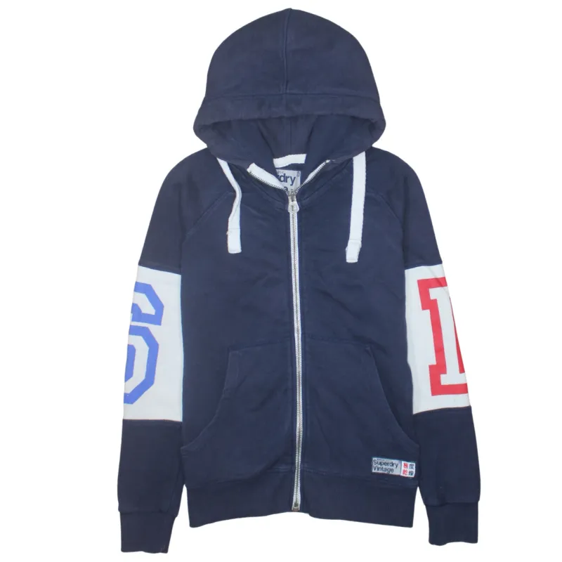 Super Dry 90's Drawstring Pockets Full Zip Up Hoodie Small Navy Blue made by Vintage Club
