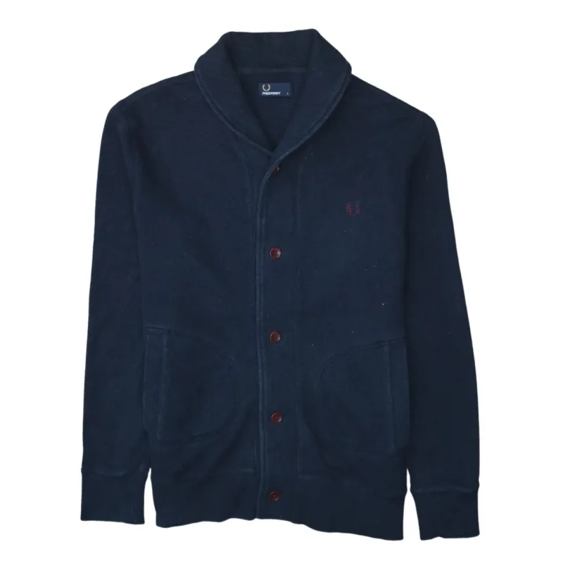FRED PERRY 90's Turtle Neck Button Up Sweatshirt Large Navy Blue made by Fred Perry