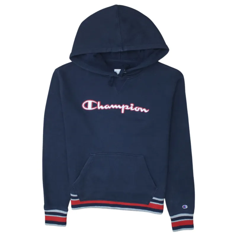 Champion 90's Spellout Pullover Hoodie Small Navy Blue sold by Vintage Club