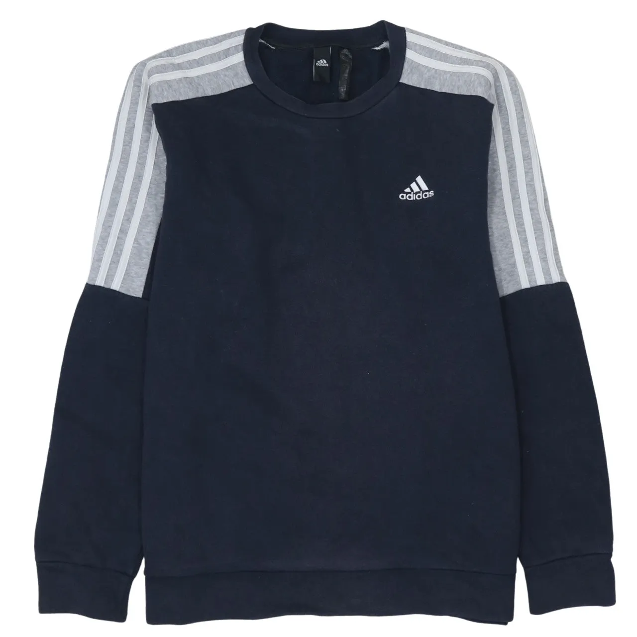Adidas 90's Striped Sleeve Crew Neck Sweatshirt Small Navy Blue sold by Vintage Club