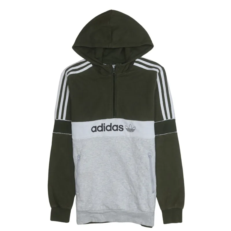 Adidas Khaki Green Grey Hoodie Women’s XLarge Half Zip Three Stripe Logo Pocket Pullover Sweatshirt sold by Vintage Club