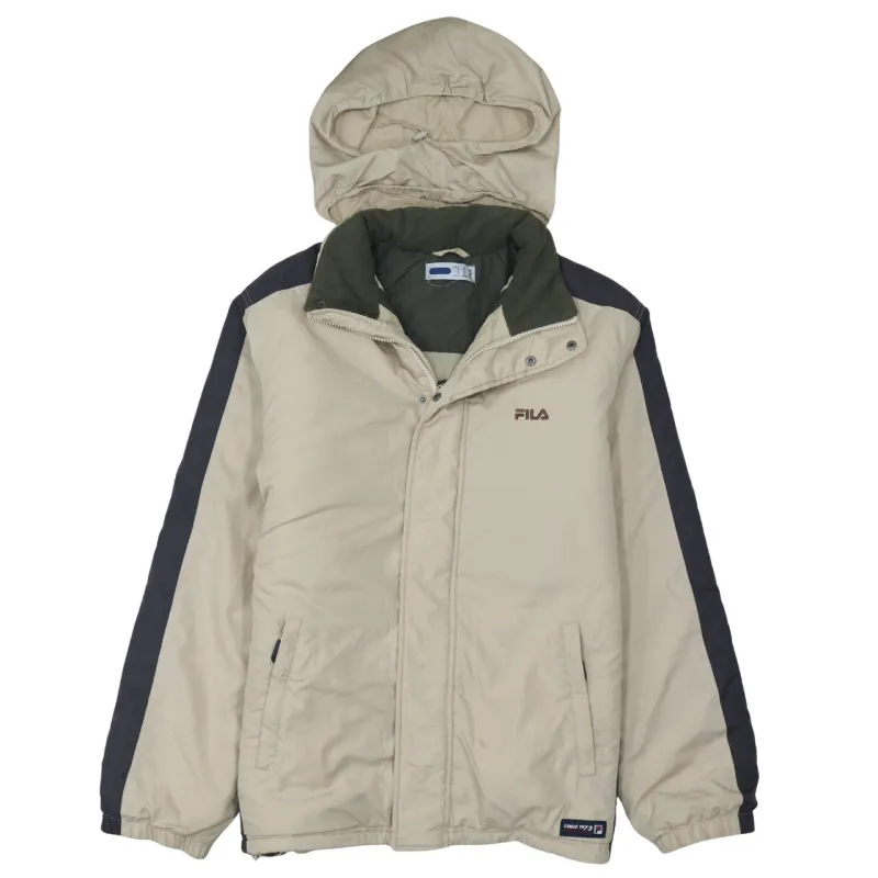 Fila Beige Hooded Jacket Men's Medium Embroidered Logo Zip Pockets Contrast Sleeve Windbreaker sold by Vintage Club