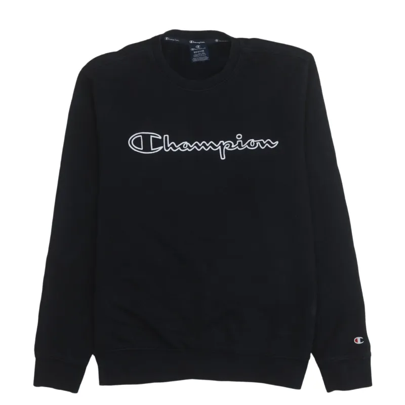 Champion Black Sweatshirt Men's Medium Embroidered Script Logo Fleece Lined Crewneck Pullover made by Champion