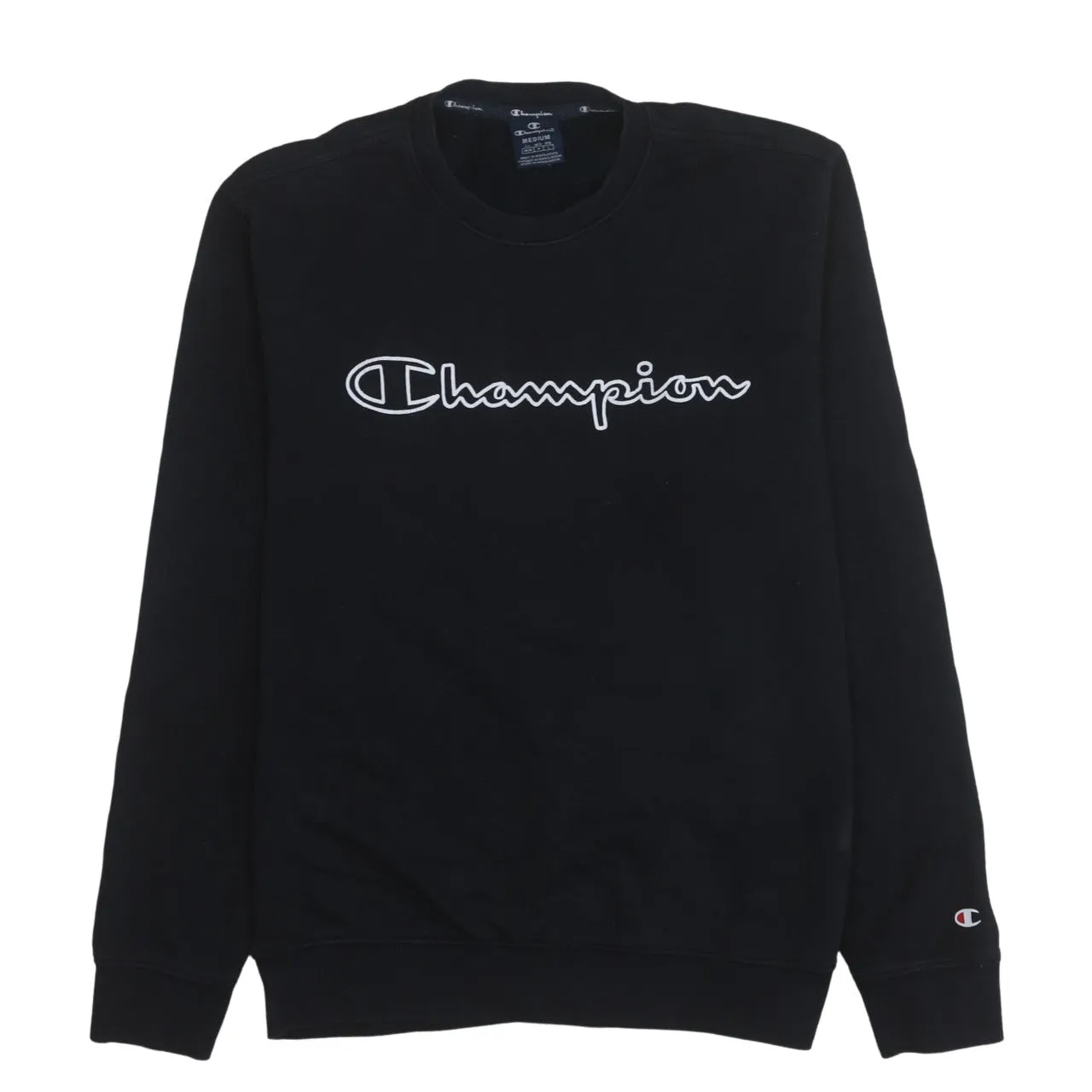 Champion Black Sweatshirt Men's Medium Embroidered Script Logo Fleece Lined Crewneck Pullover sold by Vintage Club