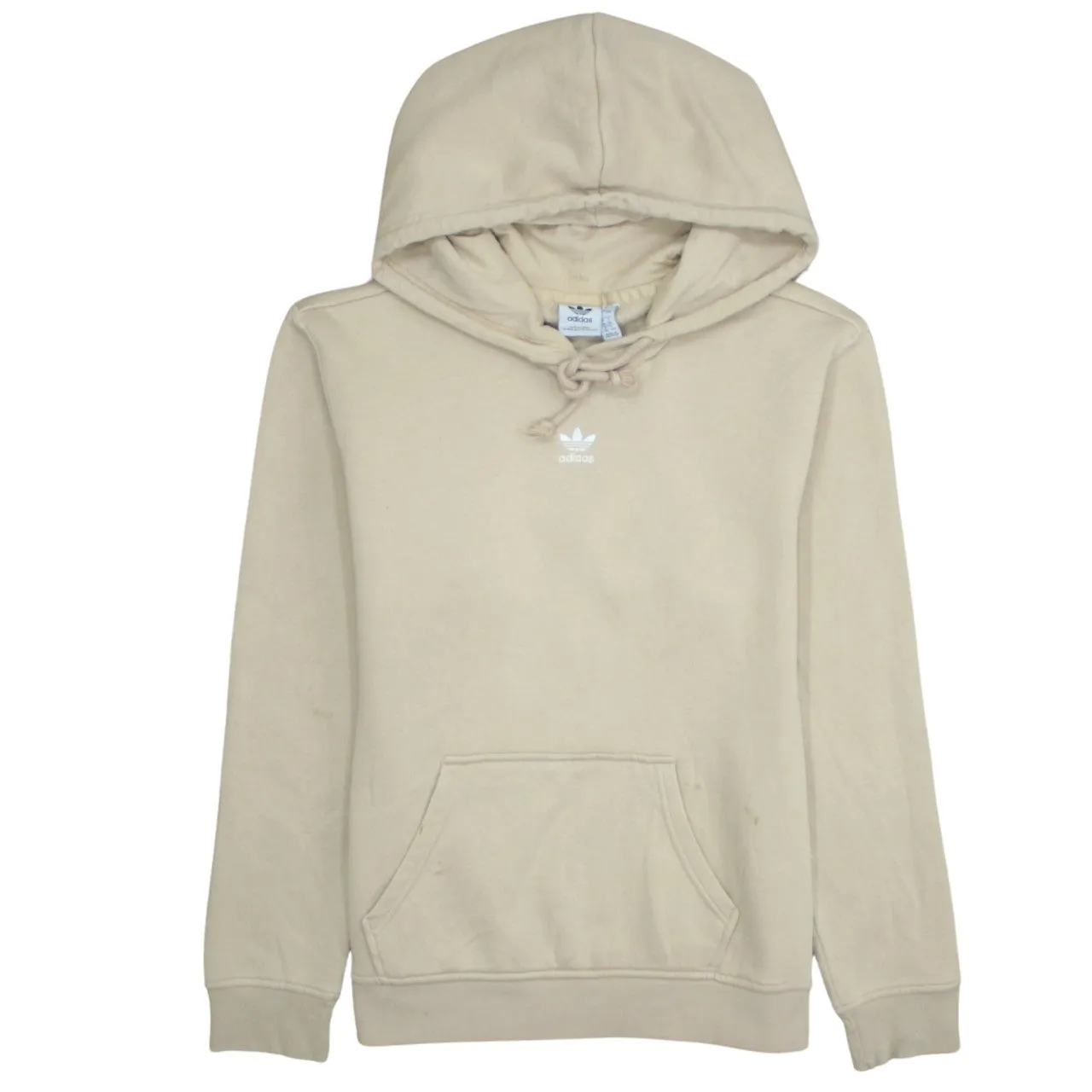 Adidas Beige Cream Hoodie Women’s Medium Embroidered Trefoil Logo Front Pocket Pullover Sweatshirt sold by Vintage Club