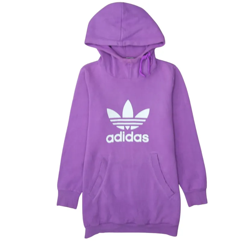 Adidas Purple Hoodie Women’s Small Trefoil Printed Logo Longline Fleece Pullover Sweatshirt sold by Vintage Club