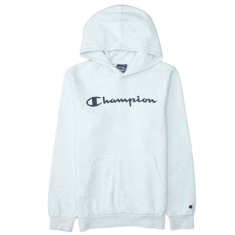 Champion White Hoodie Men’s XLarge Printed Script Logo Front Pocket Pullover Sweatshirt made by Champion