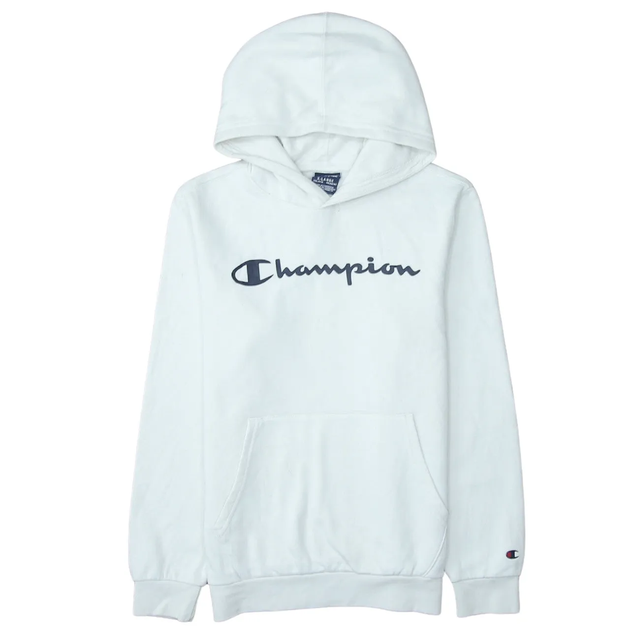 Champion White Hoodie Men’s XLarge Printed Script Logo Front Pocket Pullover Sweatshirt sold by Vintage Club