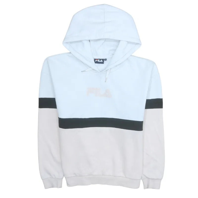 Fila Light Blue Colourblock Hoodie Women's Large Embroidered Logo Pullover Sweatshirt made by Fila
